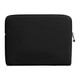 A black laptop caddy with a textured surface and a zip closure. It features a branding logo.