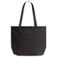 A black tote bag with two long handles and a simple design, featuring a small branding logo.