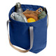 A navy blue tote bag filled with a drink bottle, food items, and a grey pouch, featuring sturdy handles.