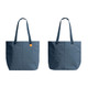 A blue tote bag with two long handles and a small logo, featuring a simple and sleek design on both sides.