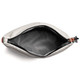 A grey cooler bag with a zipped opening, featuring a black interior and a small logo.