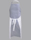 A bib apron featuring a grey top and white lower section, with an adjustable neck strap and a tied waist.