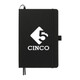A black journal with a logo and elastic band closure. Features an attached ribbon bookmark.