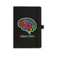 A black journal with a brain graphic featuring colourful gears and a logo, secured with an elastic band.