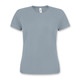 A grey sporty women's T-shirt with a round neckline and short sleeves, featuring a small logo.