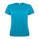 A turquoise women's T-shirt with short sleeves and a crew neckline, featuring a logo.