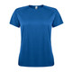 A blue women's T-shirt with short sleeves and a round neckline, featuring a logo on the front.