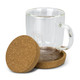 A clear glass coffee cup with a cork base and lid, featuring a stylish handle.