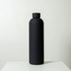 A drink bottle with a sleek, matte black finish and a round cap, featuring a logo.