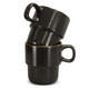 A stack of two black ceramic coffee mugs with a glossy finish and golden rims, featuring handles.