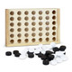 A wooden four-in-a-row game set featuring a light wood frame, with black and white game discs scattered nearby.