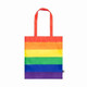 A tote bag featuring rainbow stripes in red, orange, yellow, green, blue, and purple, with red handles and a branding logo.