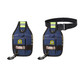 A blue portable tool waist pouch with reflective stripes, featuring pockets and a belt attachment. It has a logo.