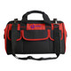 A black and red tool bag with multiple pockets and a detachable shoulder strap, featuring a logo.