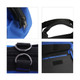 A blue tool bag featuring black zippers, handles, and interior pockets with metal rings. It has a logo displayed on the side.