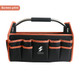 A black tool carrier bag with orange accents and multiple pockets, featuring a metal handle and a logo.