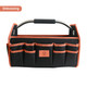 A black tool carrier bag with orange accents, featuring multiple pockets and a metal handle. It has a logo on it.