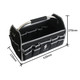 A black tool carrier bag with grey accents, featuring multiple pockets and a metal handle.