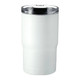 A drink bottle in white with a clear lid and a logo, designed as a vacuum tumbler and cooler.