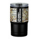 A drink bottle with a patterned design in shades of black, cream, and earthy tones, featuring a logo.