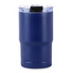 A drink bottle in navy blue with a clear lid and a built-in slide open/close mechanism, featuring a logo.