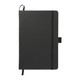 A black A5 journal with a textured cover, featuring a black elastic closure and a ribbon marker.