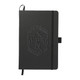 A black A5 journal with an embossed logo, featuring an elastic band and a ribbon marker.