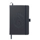 A dark blue A5 notebook with a textured cover and an embossed logo. It features an elastic band and ribbon bookmark.