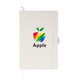 A white A5 notebook features a colourful apple logo and a band to keep it closed.