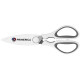 Kitchen scissors in white with grey handles, featuring a logo. Designed with a magnetic holder for easy storage.