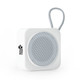 A white compact Bluetooth speaker with a circular mesh grille and a looped cord, featuring a logo.