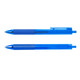 A blue Flow Gel Pen with a textured grip, featuring a clip and a retractable tip. The pen has a logo.