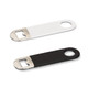 A drink bottle opener featuring a sleek design in white and black with a metal opener and a circular handle.
