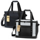 A cooler bag in black and grey, featuring dual handles and a shoulder strap, with a logo and zippered pockets.