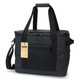 A black cooler bag with sturdy handles and a shoulder strap, featuring a front pocket and a brand logo.