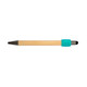 A bamboo pen with a turquoise grip and black tip. It features a logo on the barrel.