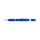 A blue pen with a silver clip and detailing, featuring a textured grip and a stylus tip. It has a logo.
