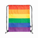 A drawstring bag featuring a rainbow design with horizontal stripes in vibrant red, orange, yellow, green, blue, and purple.