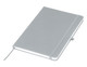 A grey A5 notebook with a soft cover, elastic band, and a ribbon bookmark, featuring a logo on the cover.