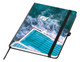 A green and blue A5 notebook with a beach pool design and a logo on the cover. It features an elastic band closure.