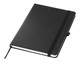 A black A5 notebook with a textured cover and an elastic band closure, featuring a ribbon bookmark.