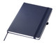 A navy A5 notebook with an elastic band closure and a bookmark ribbon, featuring a logo on the cover.