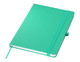 A teal A5 notebook with a matching elastic band and a ribbon bookmark. It has a smooth cover and a logo.
