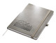 A grey A5 notebook with an elastic band and a ribbon marker, featuring a logo on the cover.