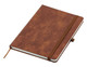 A brown A5 notebook with a textured cover, featuring an elastic band closure and a ribbon bookmark.
