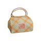 A patterned lunch box bag in cream and orange with two handles, featuring a logo on the front.