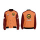 A unisex polyester varsity jacket featuring orange and maroon colours, with a logo on the front and a design on the back.