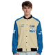 A unisex varsity jacket in beige and blue, featuring a logo and graphics of cars on the front and sleeves.
