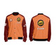 A varsity jacket in orange and burgundy with a logo and graphic featuring a burger on the back.