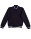 A navy blue kid's fleece varsity jacket with striped cuffs and collar, featuring a front button closure and side pockets. A navy blue kid's fleece varsity jacket with striped cuffs and collar, featuring a front button closure and side pockets.